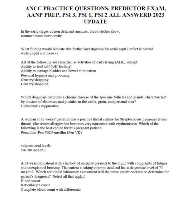 ANCC PRACTICE QUESTIONS PREDICTOR EXAM AANP PREP PSI 3 PSI  1PSI 2 ALL ANSWERD 2023 UPDATE