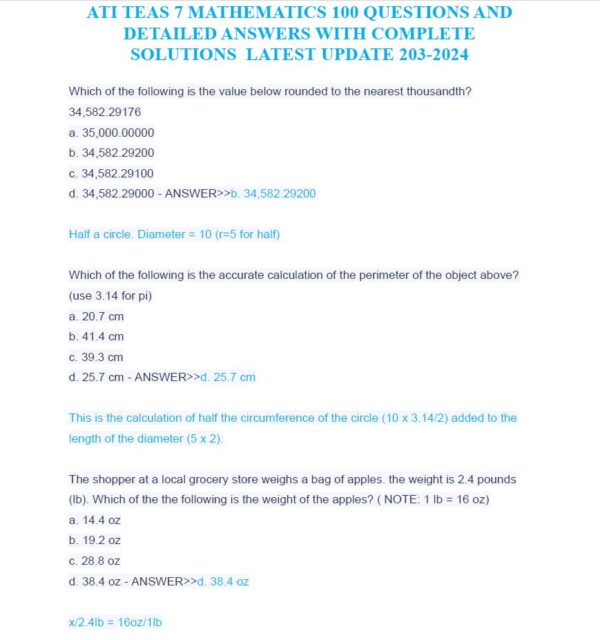 ATI TEAS 7 MATHEMATICS 100 QUESTIONS AND DETAILED ANSWERS WITH COMPLETE SOLUTIONS LATEST UPDATE 2023/2024