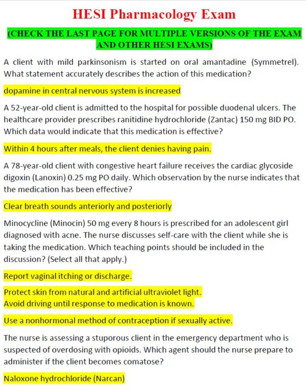 HESI Pharmacology Exam 2023 Pharmacology HESI Exam 2023